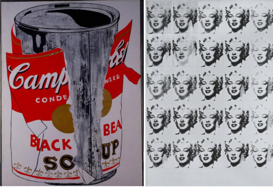 “Lata grande de sopa Campbell’s rasgada (Black Bean)”, 1962 y “Marilyn Monroe en blanco y negro (Veinticinco Marilyns)”, 1962. Andy Warhol.