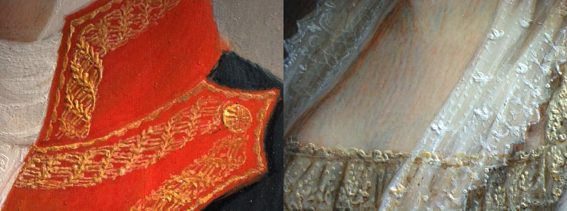 Luis de la Cruz y Ríos: Infanta Luisa Carlota. Detalle de ls telas con bordados y brocados realizados en relieve. Museo Nacional del Prado, Madrid.