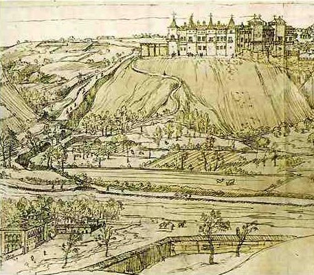 Anton Van der Wyngaerde: Detalle de la Vista de Madrid donde puede verse el Alcázar y la Casa de Campo. 1562.