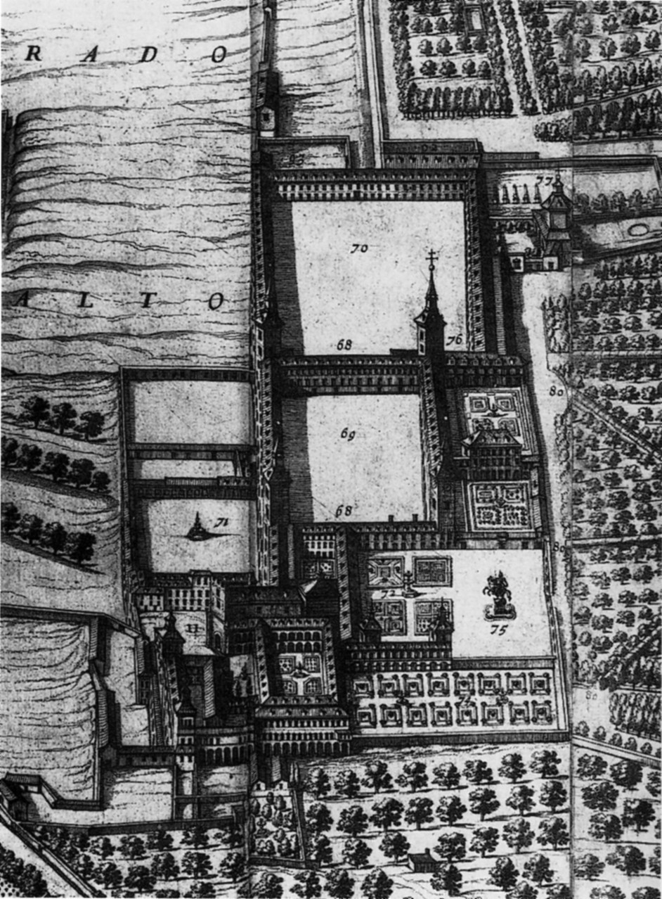 Pedro Teixeira: Detalle del plano de Madrid donde se ve la estructura del Palacio del Buen Retiro. 1656