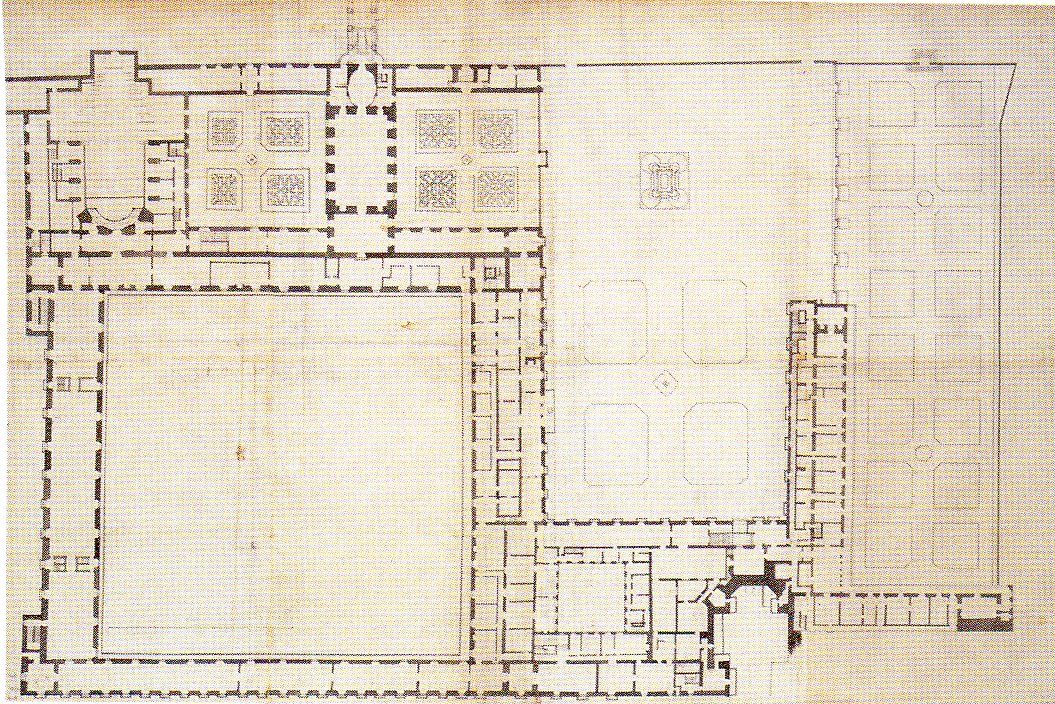 Robert de Cotte: Poryecto para el Antiguo Palacio del Buen Retiro. Planta del piso principal y los jardines, 1712-1713. Biblioteca Nacional de Francia, París.