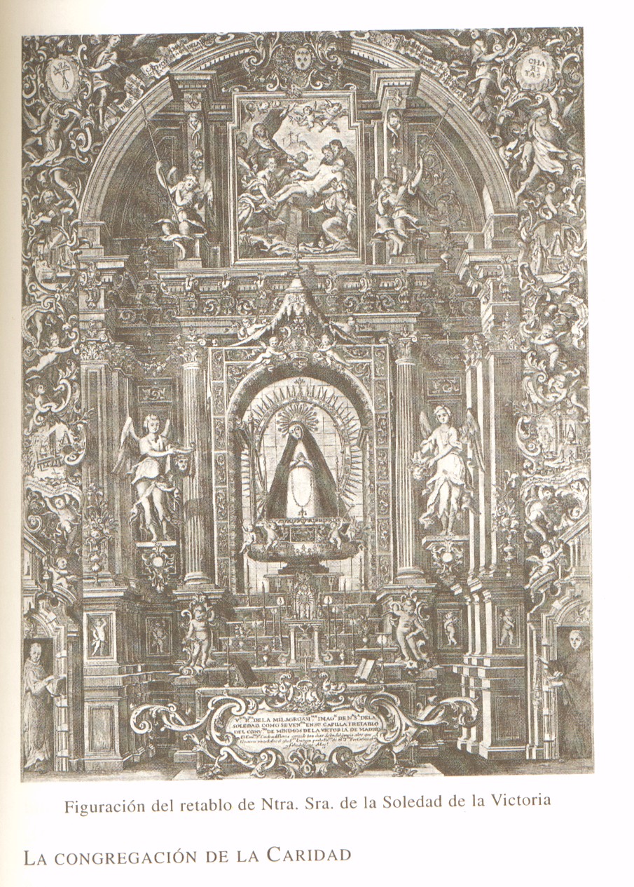 Grabado antiguo con el altar del Convento de las Victorias con la imagen de Nuestra Señora de la Soledad.