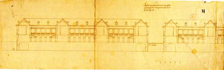 Juan de Herrera: Diseños para las Casas de Oficios de San Lorenzo de El Escorial. Seccíon del edificio por la calle Floridablanca. Madrid,  Archivo General de Palacio.