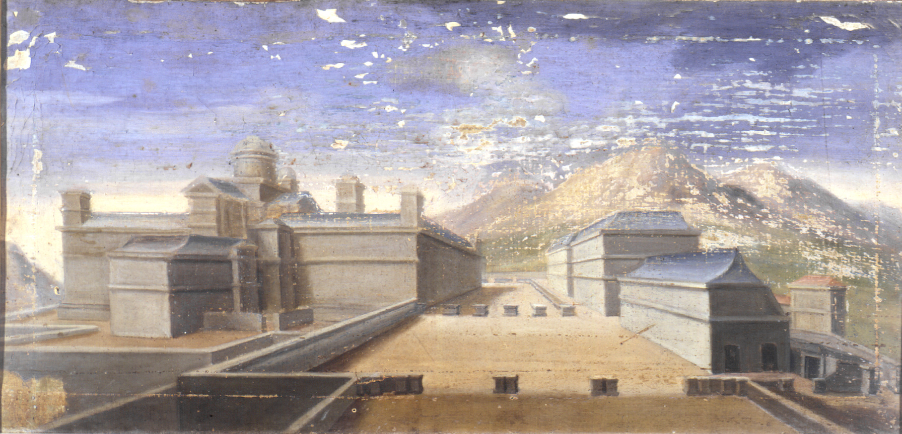 Anónimo Español: Vista del Monasterio de El Escorial. En primer término a la derecha se aprecia el edificio de las Caballerizas de Carlos II junto a la Segunda Casa de Oficios. Madrid, Patrimonio Nacional.