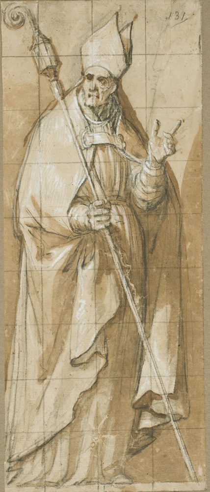 Vicente Carducho: San Agustín de Hipona, ca. 1620-1634. Lápiz negro, aguada de tinta parda y realces de albayalde sobre papel verjurado, 253 x 108 mm. Madrid, Museo Nacional del Prado, D-2108.