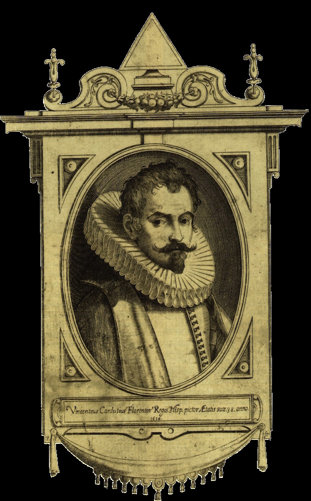 Pedro Perret: Vicente Carducho, 1614. Estampa, talla dulce, 195 x 125 mm. Palacio Real de Madrid, Real Biblioteca, Patrimonio Nacional, GRAB-226(2).