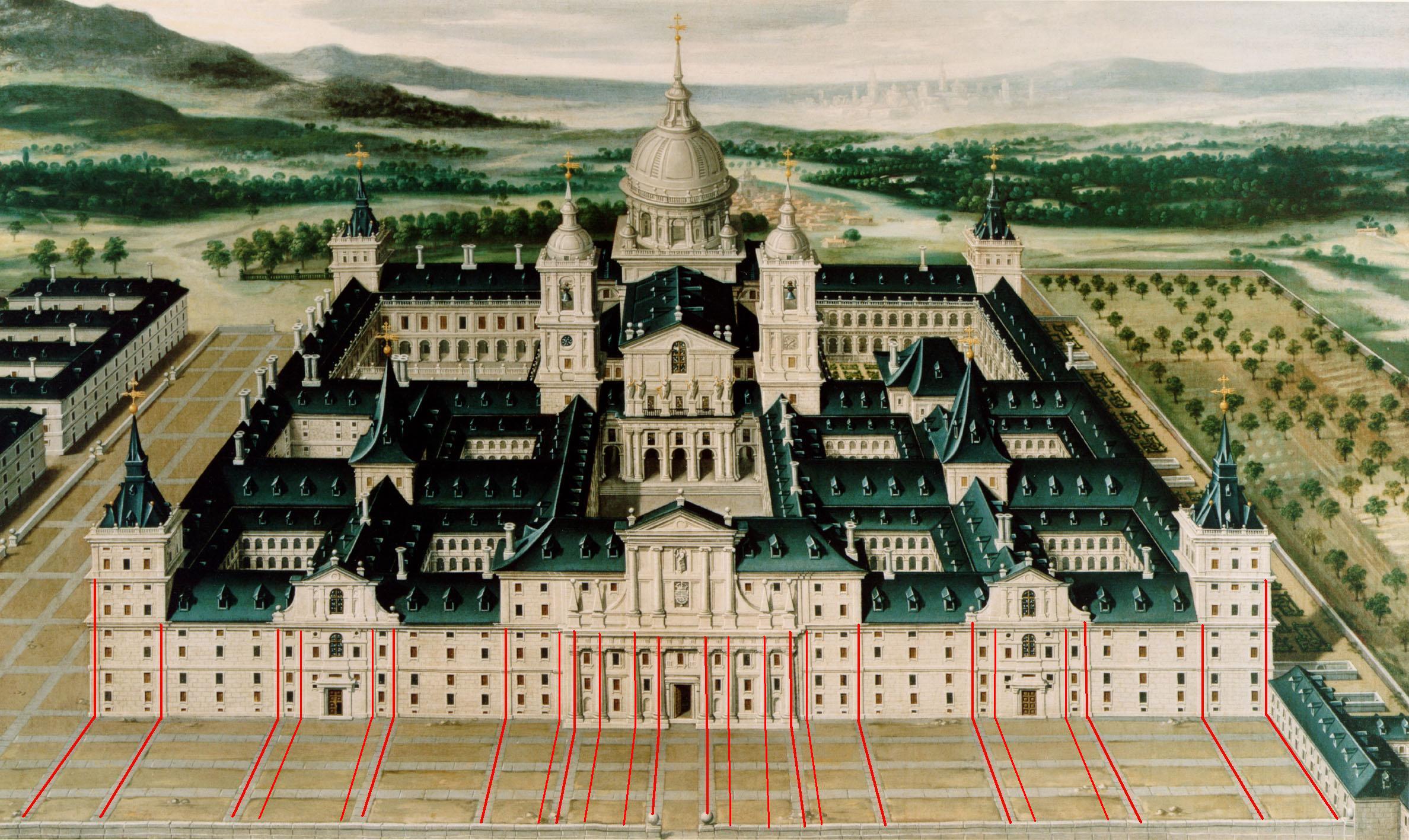 Vista anónima de El Escorial en donde hemos marcado la correspondencia entre las pilastras de la fachada y 