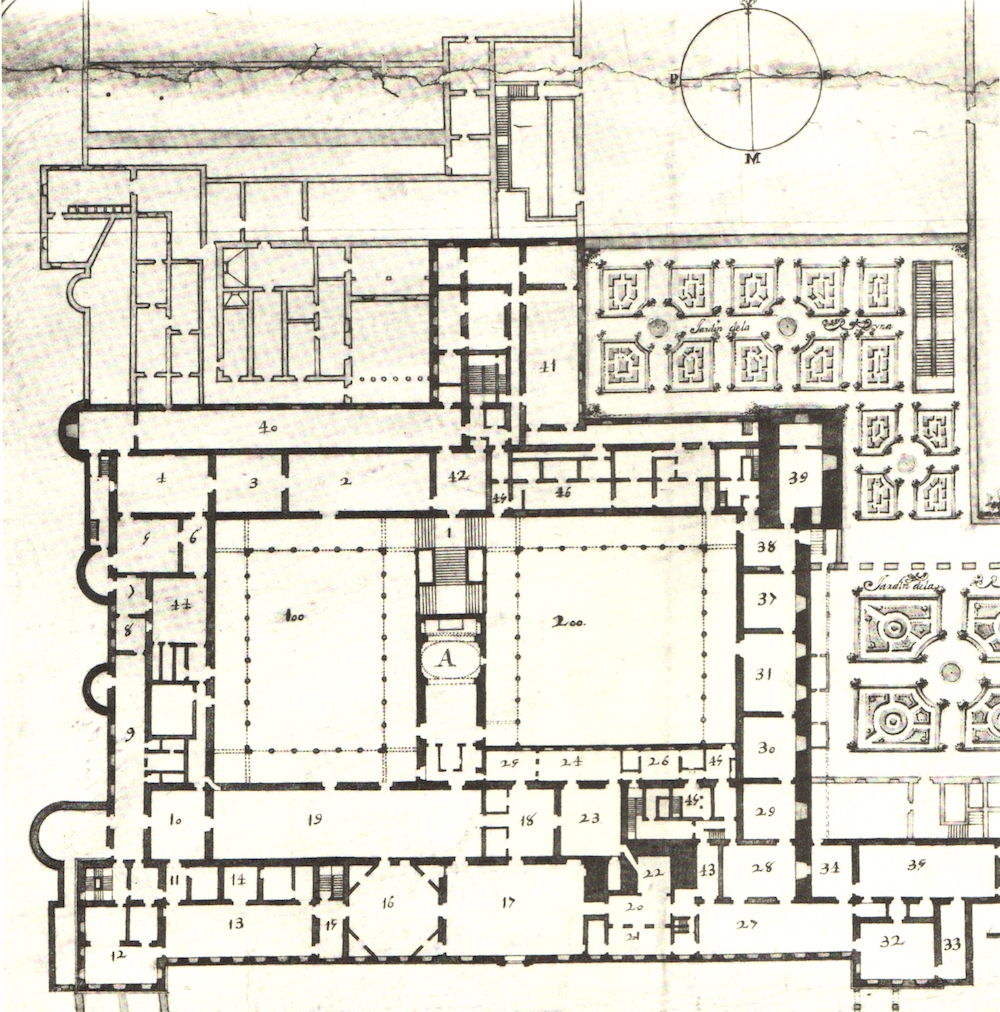 Teodoro Ardemans: Planta principal del Alcázar de Madrid. Con la letra "A" aparece marcada la Real Capilla y con el "16" la Pieza Ochavada.