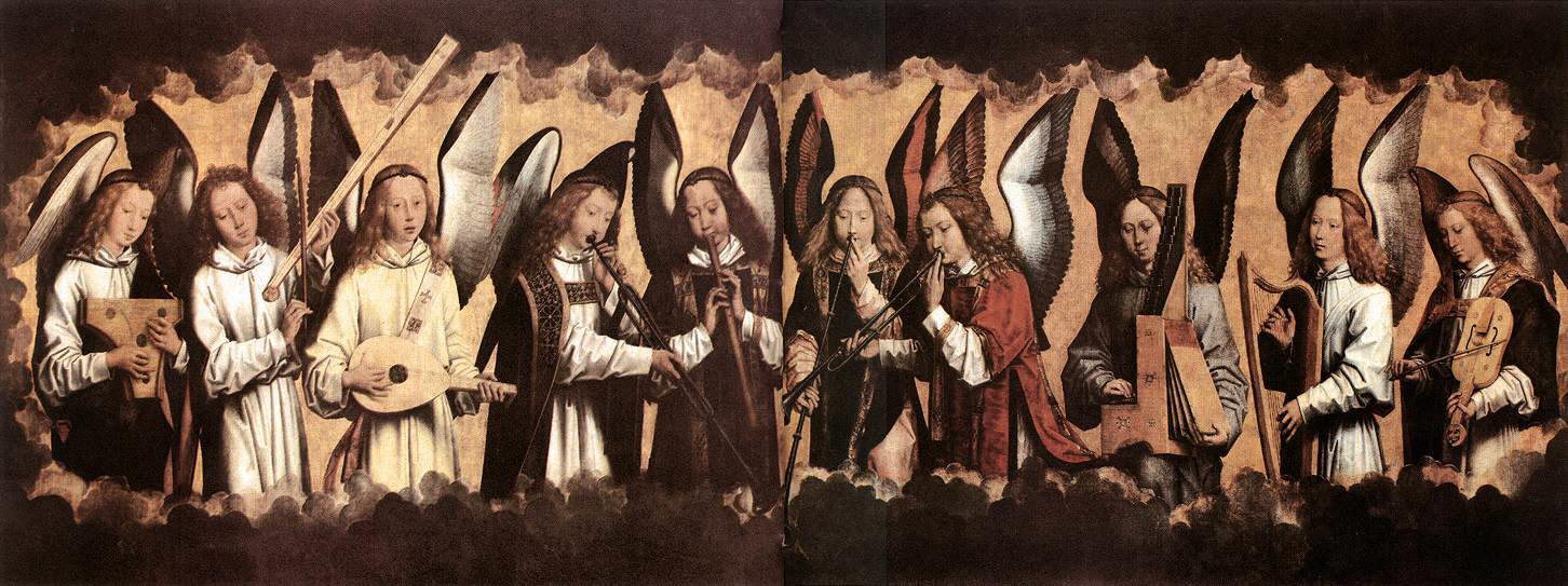 Hans Memling: Ángeles tocando instrumentos musicales. Las figuras tocan el laúd, el triángulo, la corneta, el arpa, etc. Se pretende representar los cantos celestiales con los que los ángeles alabarían al señor. La música, pues, aparece como un elemento de gran proximidad a la divinidad. Ésta idea ya aparecía expresada por San Agustín, el cual decía: “no veo que los cristianos puedan hacer cosa mejor, más útil y más santa”. (Epístola 55, 34-5).