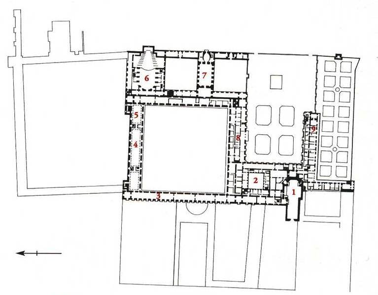 Ubicación del Coliseo del Buen Retiro señalado con el nº 6 según el plano de René Carlier. Fuente: Mª Ángeles Jordano Barbudo.