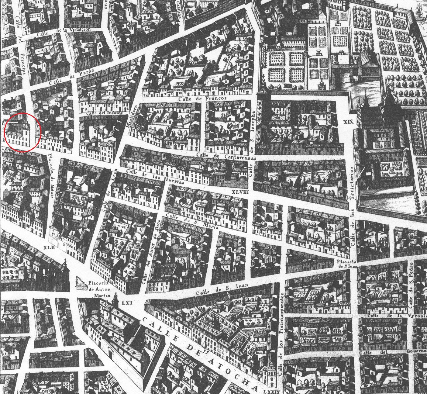 Pedro de Texeira: Plano de Madrid. 1656. Señalado con un círculo rojo la ubicación del actual Palacio de Santoña.