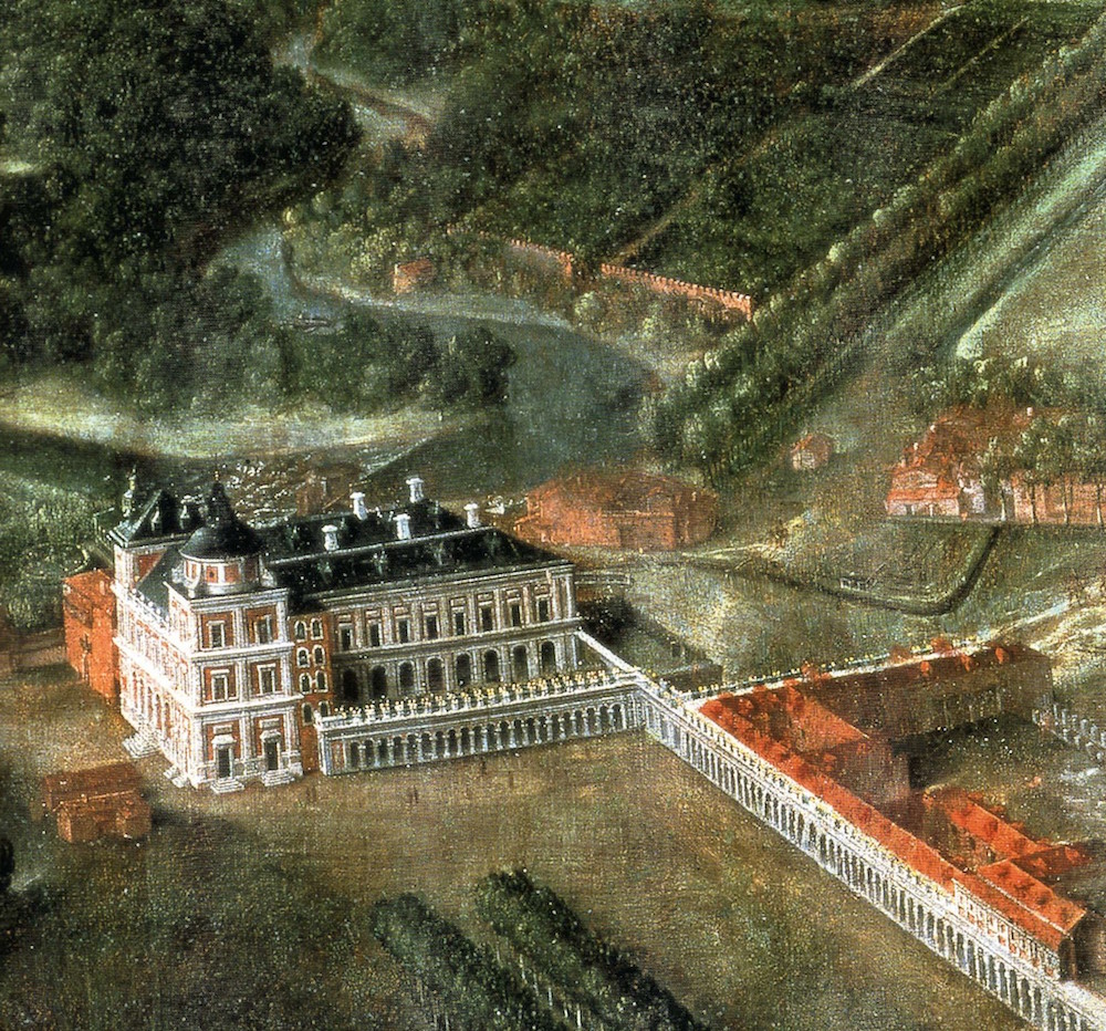 Vista del Palacio Real de Aranjuez en el siglo XVII. El Primer piso encima de la arcada es el que estaría ocupado por la Galería de paisajes.