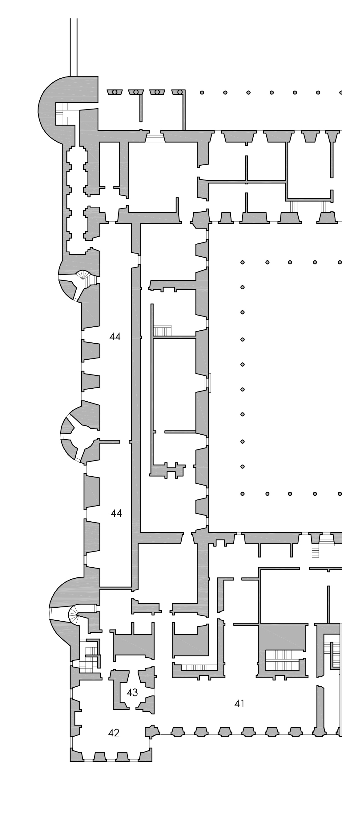 Fragmento de la Planta Baja del Alcázar de Madrid. Con el nº 44 están señaladas las salas pertenecientes al Guardajoyas.