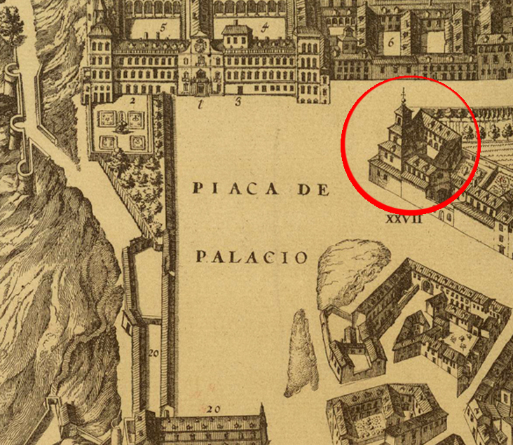 Pedro Texeira: Plano de Madrid en el que está marcada la ubicación de convento de San Gil.