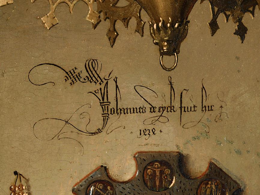 Jan Van Eyck: Detalle de la firma de "El Matrimonio Arnolfini". Londres, National Gallery.